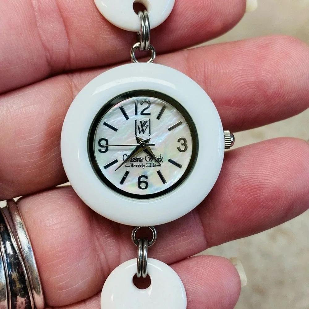 Victoria Wieck Beverly Hills White Onyx Link Quartz Womens Watch Mother of Pearl